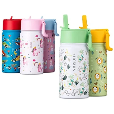Afbeelding van Vinsun Dinosaurus drinkfles voor kinderen, 350 ml, met rietje, roestvrij staal, BPA vrij, lekvrij, onbreekbaar, waterfles kleuterschool, school, sport