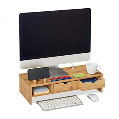 Afbeelding van Relaxdays Monitorstandaard bamboe beeldschermverhoger verhoger monitor 2 lades