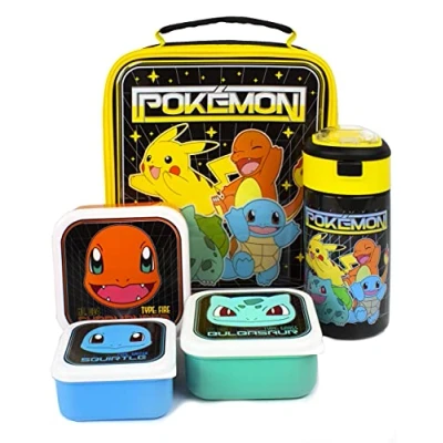 Afbeelding van Pokemon Lunchtassenset, avontuur met Pikachu, Bulbasaur, Squirtle, Charmander, 5 delige schoollunchtas BPA vrije waterfles en snackpotten, eenheidsmaat