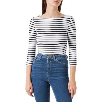 Image de Amazon Essentials T Shirt Col Bateau Uni Coupe Ajustée à Manches 3/4 Women&#039;s, Blanc Rayures, M