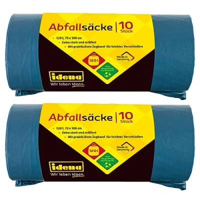 Afbeelding van Idena 50056 2 Vuilniszakset, rollen à 10 stuks, blauw, 120 liter, 40µ extra sterk en scheurvast, met praktische schuifband, zakken schuifband