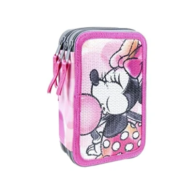 Afbeelding van Minnie Mouse Driedubbele etui met inhoud Paars 3 vakken
