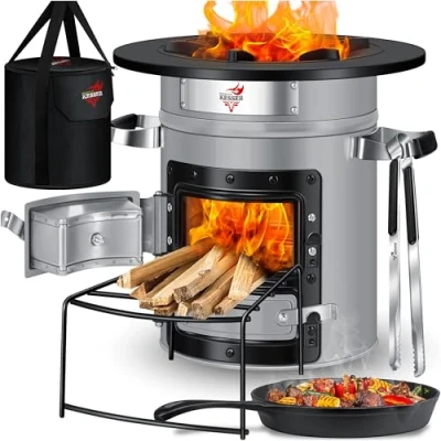 Afbeelding van KESSER® Raketoven met gietijzeren grillpan draagtas, Dutch Oven BBQ Rocket houtkachel camping grill roestvrij staal grijs