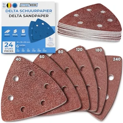 Afbeelding van EffektWerk Delta schuurpapier (24 stuks, 6 gaten), 93 x mm driehoekige schuurpads voor muisschuurmachines, meerdere korrelgroottes (40, 60, 80, 120, 180, 240)