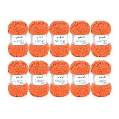 Image de Gründl Classico Lot de 10 pelotes laine à tricoter 50% vierge (mérinos) et polyacrylique, 50 g/120 m, taille des aiguilles : 3,5 4,5, orange