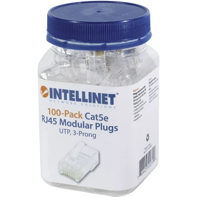 Afbeelding van Intellinet 502399 verpakking van 100 stuks Cat5e modulaire RJ45 stekkers UTP 3 voudige klem voor massieve draad per pot