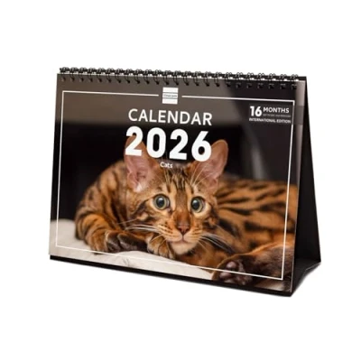 Afbeelding van Finocam Bureaukalender 2026, 1 maand per pagina, januari december 2026 + zeven 2025 (4 maanden) verlaagd Kalender Afbeeldingen Cats Internationaal