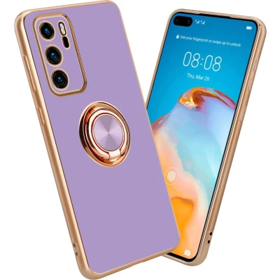 Afbeelding van Cadorabo Hoesje geschikt voor Huawei P40 in Glossy Licht Paars Goud met ring Beschermhoes van flexibel TPU silicone Case Cover camerabescherming en magnetische autohouder