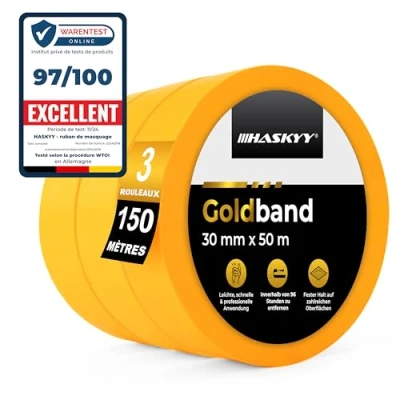 Afbeelding van HASKYY Goldband 3 stuks crêpe schilderstape 30 mm x 50 m professioneel washi goud