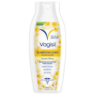 Image de Vagisil Scentsitive Scents Soin Lavant Intime Pour L&#039;Hygiène Féminine Quotidienne, Plus La Vitamine E, Fraîcheur Tout Au Long De Journée, Hypoallergénique, Parfum Jasmin Blanc, 250 ml