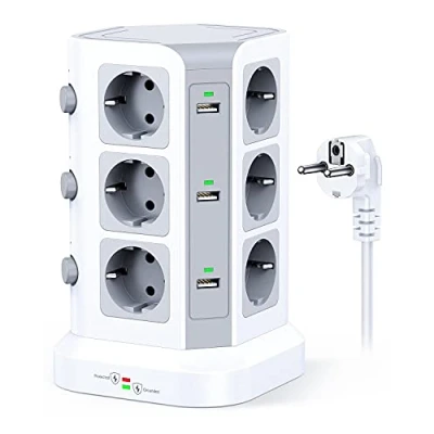 Afbeelding van KOOSLA stekkerdoos met overspanningsbeveiliging en overspanning (4000 W/16 A), 6 USB poorten 12 stopcontacten, 3 schakelaars, 2 m kabel, wit