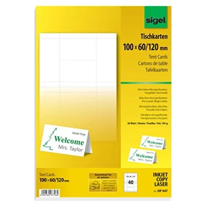 Image de sigel Cartes de table, blanc éclatant, 185 g/m2, 100x60/120mm, 40 sur 20f