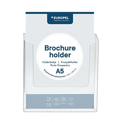 Afbeelding van EUROPEL A5 brochurehouder, transparant acryl, wandbevestiging, dispenser, displaystandaard, flyer, menu, prospectus, restaurant, hotel, kantoor, winkel