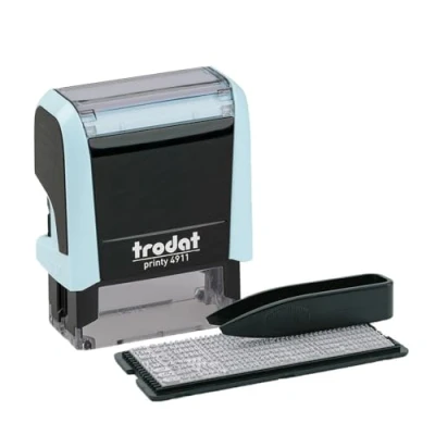 Afbeelding van Trodat Printy 4911 stempelset in pastelblauw om zelf te maken 3 regels tekst, afdruk 38 x 14 mm, Duits, met pincet, zwarte inkt en letter cijferset één maat