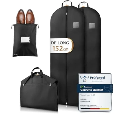Afbeelding van Bruce.® 2 kledinghoezen (152 x 60 cm) inclusief 1 schoenentas, hoogwaardige herenkostuumhoes voor kleding, ademende kledinghoes reizen en opbergen