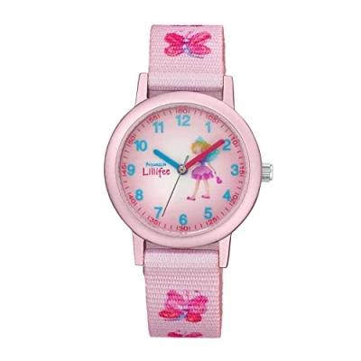 Afbeelding van Prinzessin Lillifee Princess Horloge voor meisjes, kinderen, analoog, kwartshorloge, met textielarmband, Roze, 3 bar, waterdicht, levering in geschenkdoos, 2031756, aluminium, Vlinder