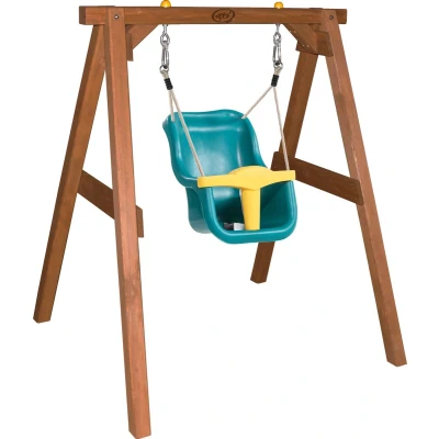 Afbeelding van AXI Baby Schommel in Bruin Met Zitje Blauw/Geel FSC hout Babyschommel voor kindjes van 9 36 maanden 4 grondankers