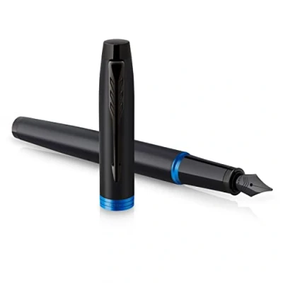 Image de Coffret cadeau Parker IM Vibrant Rings Stylo Plume Bagues bleu océan et Recharge d’encre bleue moyenne Satin Noir laqué