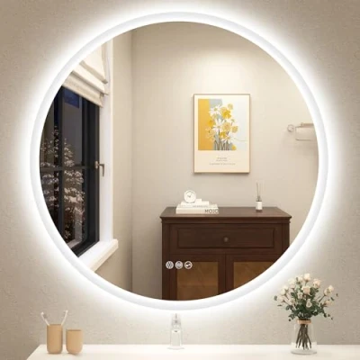 Afbeelding van STARLEAD ronde badkamerspiegel 800 mm met ledverlichting, bluetooth wandspiegel, anti condens, 3 kleuren dimbaar, geheugenfunctie, HD gehard glas, IP44 spiegel