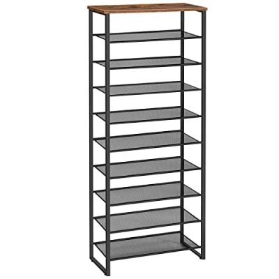 Afbeelding van HOOBRO EBF601XJ01 Schoenenrek met 10 niveaus, hoog schoenenrek, 60 cm, voor 22 30 paar schoenen, ruimtebesparend, hal, woonkamer, bruin
