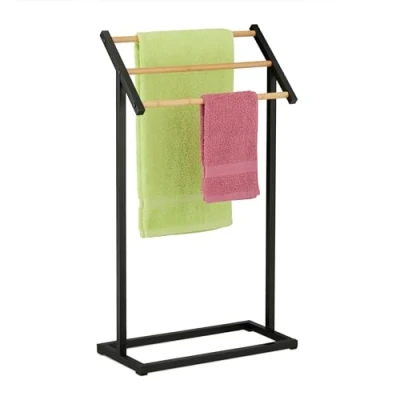 Afbeelding van Relaxdays handdoekenrek staand 3 stangen metalen handdoekstandaard bamboe badkamer