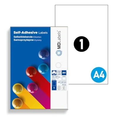 Afbeelding van MDlabels Universele zelfklevende etiketten DIN A4 bedrukbaar wit (210 x 297 mm, 100 etiketten)