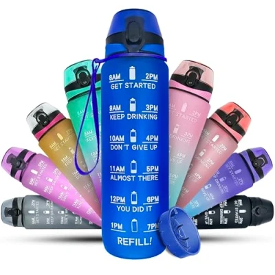 Image de K MART Bouteille d&#039;eau de sport 1 L avec marqueur temps motivant, passe au lave vaisselle, anti fuite, sans BPA, non toxique pour la course, le cyclisme, gym, l&#039;école et bureau (rose bleu)