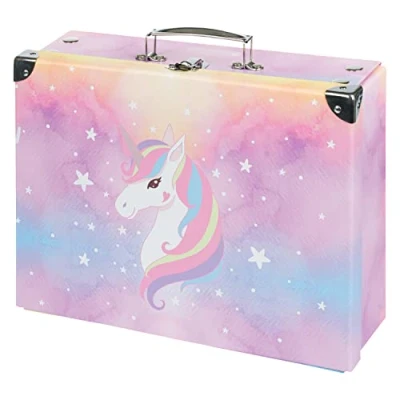 Afbeelding van Baagl Kinderkoffer voor speelgoed en schoolbenodigdheden, kartonnen koffer, speelgoedkoffer, opvouwbare speelkoffer kinderen, vouwkoffer met handvat van, Rainbow Unicorn, Modern