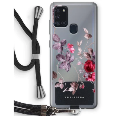 Afbeelding van Case Company® hoesje met Koord geschikt voor Samsung Galaxy A21s Mooie bloemen Telefoonhoesje Zwart Bescherming aan alle Kanten en Over de Schermrand