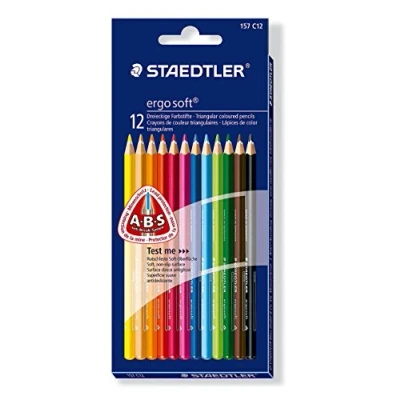 Image de Staedtler Ergosoft 157, Crayons de couleur triangulaires avec système anti casse et revêtement glisse, Étui en carton 12 couleurs brillantes assorties, 157 C12