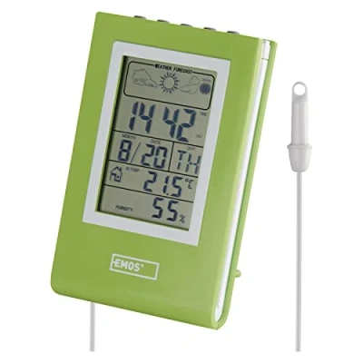 Afbeelding van EMOS Digitaal weerstation met binnen en buitenthermometer 1,9 m kabelsensor, weersvoorspelling, datum, tijd, maanfasen, wekfunctie, werkt op batterijen, groen