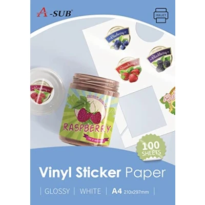 Afbeelding van A SUB Hoogwaardig, bedrukbaar vinylpapier, glanzend, wit, zelfklevend, vinyl etiketten voor inkjetprinters, A4 formaat, 100 vellen