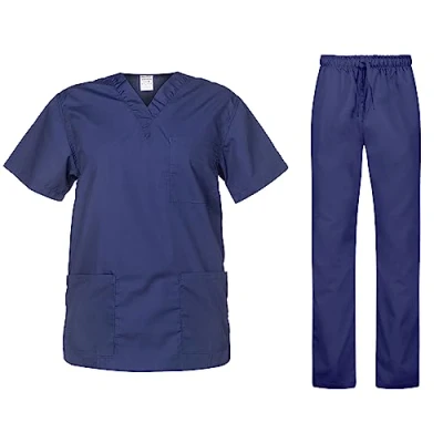Afbeelding van B well Cesare Medisch uniform, uniseks, set: Top en broek + medische jas voor dames/heren professionele verzorgingsonderhoud, marineblauw, L