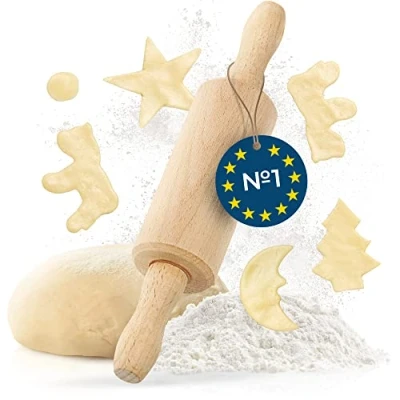 Afbeelding van TIMELEOS deegroller met metalen as als bakaccessoire van beukenhout voor het rollen deeg Made in EU (22,5 x 4,5 cm)