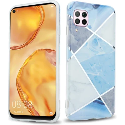 Afbeelding van Cadorabo Hoesje geschikt voor Huawei NOVA 6 SE / P40 LITE 7i in Blauw Wit Grijs Marmer No. 2 Beschermhoes gemaakt van TPU siliconen Case Cover met mozaïek motief