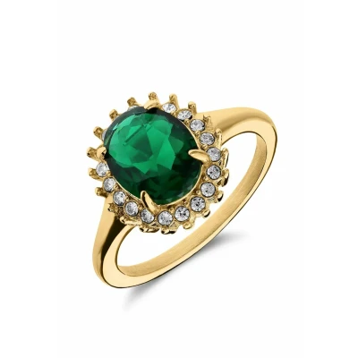 Afbeelding van Lucardi Dames Stalen goldplated vintage Ring met groen zirkonia Staal Goudkleurig 15 / 47 mm