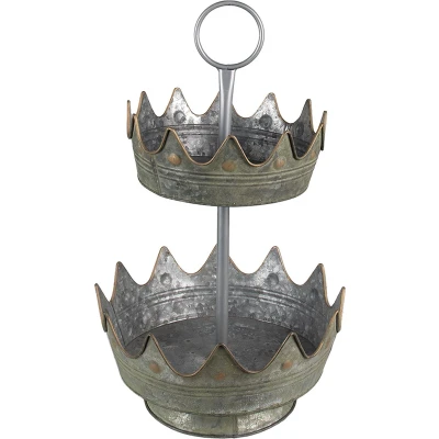 Afbeelding van Clayre &amp; Eef Etagère 2 laags Ø 33x53 cm Grijs Groen Metaal