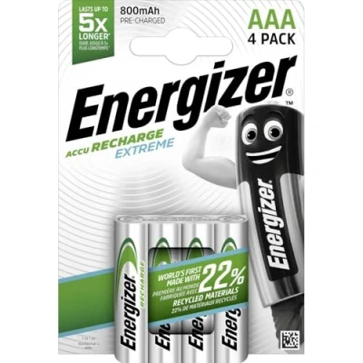 Image de Pack de 4 batteries Energizer Recharge Extrême LR03 AAA 800 mAh