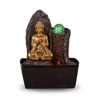 Afbeelding van Haka boeddha fontein ontspannende kamerfontein met ledlicht Feng Shui object geluksbrenger decoratie tafelfontein gesloten circuit bruin en goud H 26 cm Zen&#039;Light