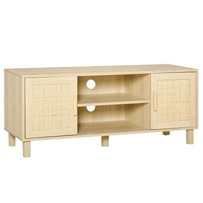 Afbeelding van HOMCOM tv meubel bank 2 nissen kasten rieten deur rotan afmetingen 115 l x 40 b 48 h cm MDF houtlook licht hout look