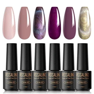 Afbeelding van ROSALIND Semi permanente nagellak, glitter, 6 mini kleuren, cat eye lak, pastel, donkerpaars, soak off, uv en led, nail art, eye, manicure