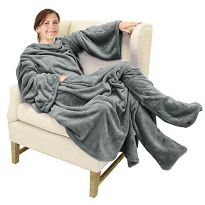 Afbeelding van Catalonia Classy Sherpa tv deken met mouwen en voeten, professionele full body knuffeldeken om te dragen, wollen voor dames heren, 190 x 135 cm