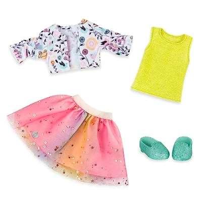 Afbeelding van Glitter Girls by Battat Shimmer Glimmer outfit: een tutu rok, tanktop, bloemenjas en paillettenschoenen geschikt voor bijna alle poppen van 35,56 cm vanaf 3 jaar