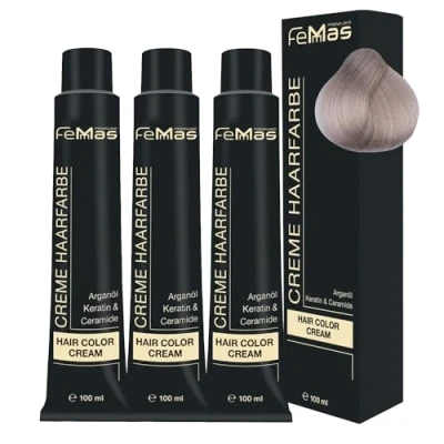 Afbeelding van FemMas Licht blond Ash haarkleur 10,1, professionele voor haar, met voedende arganolie, keratine en ceramide, als permanente kleuring of haarkleurmiddel, 3 x 100 ml