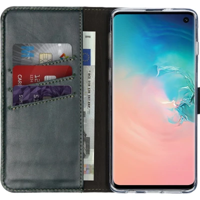 Afbeelding van Selencia Hoesje Geschikt voor Samsung Galaxy S10 Met Pasjeshouder Echt Lederen Bookcase Groen