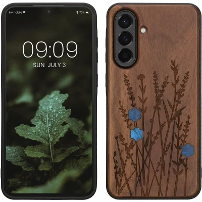 Afbeelding van kwmobile telefoonhoesje geschikt voorSamsung Galaxy A56 5G Hoesje met bumper hout In donkerbruin Parelmoer lavendel design