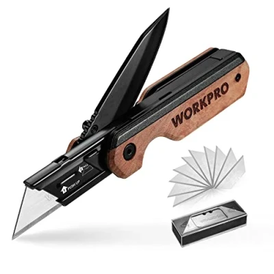 Afbeelding van WORKPRO opvouwbaar mes en zakmes van aluminium, 2 in 1, met linerslot wisselmechanisme, klassiek houten handvat 10 extra SK5 messen