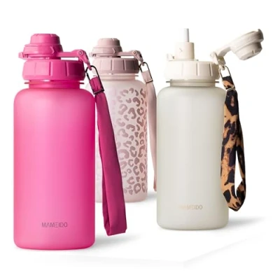 Afbeelding van MAMEIDO Drinkfles 1 l met rietje en motivatietijdmarkering, sportfles polsband, waterdichte kinderfles, BPA vrije waterfles, waterfles (Glow Couture, 1000 ml)