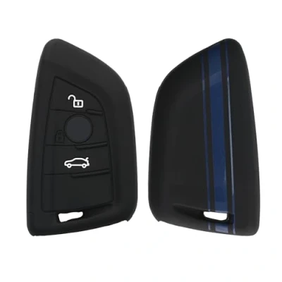 Afbeelding van kwmobile Autosleutel hoesje geschikt voor BMW 3 knops Smart Key behuizing in blauw / zwart Rallystrepen design
