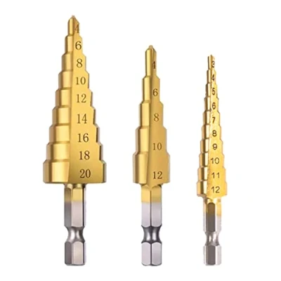 Afbeelding van Set van 3 trapboren snelstaal met titanium coating voor knutselen, kunststof, hout, metaal